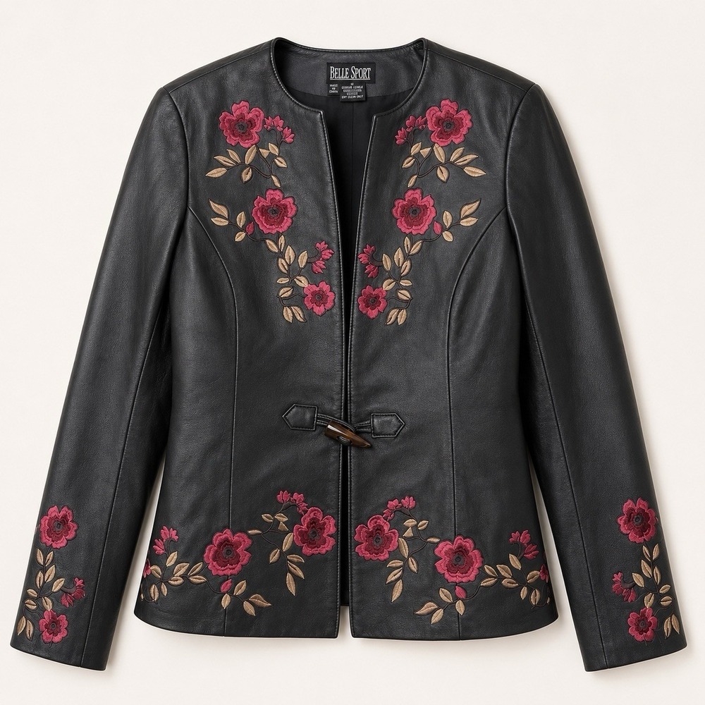 Vtg Women Black Leather Jacket Sz M Floral Embroidered Western Boho Dark Romance
